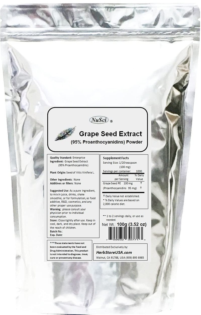 Grape Seed (Europe) Extract Powder Standardized 95% Proanthocyanidins OPC (100 Grams (3.52 oz)) Europe Grown GMO Free Non-Irradiated