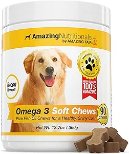 Amazing Omega 3 for Dogs - Omega 3 Fish Oil for Dogs Supplement for Itchy Skin Relief for Dry Skin and Hot Spots and Shedding Coat with EPA and DHA Fatty Acids - 90 Bacon Soft Chews