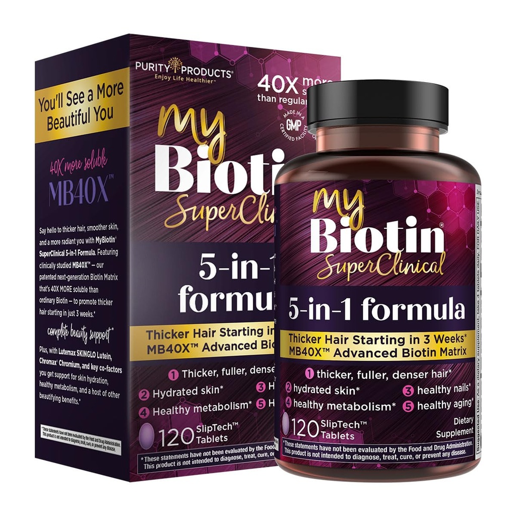 Purity Products - MyBiotin SuperClinical - 5-in-1 Multivitamin for Women with Biotin | MB40X 40X More Soluble | Hair Growth, Skin & Nails | Energy, Metabolism & Gut Health | 120 Tablets