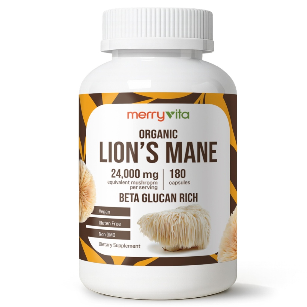 MERRY VITA Lion’s Mane Supplement Capsules – Mushroom Supplement for Immune Brain, Memory & Focus - Non GMO, Vegan Friendly - 180 Capsules