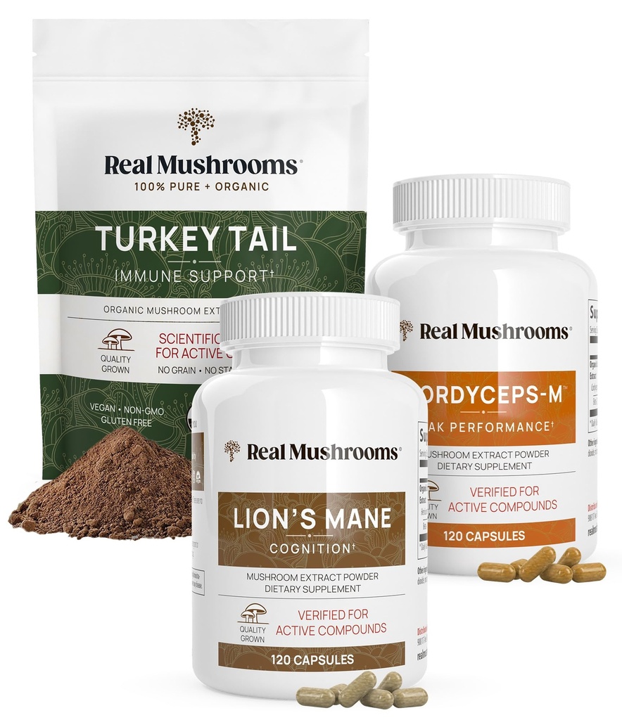 Real Mushrooms Immune Support, Cognition, & Performance Boost Bundle - Turkey Tail Organic Extract Powder (45g) | Lion’s Mane (120 Capsules) | Cordyceps-M (120 Capsules) | Mushroom Supplements