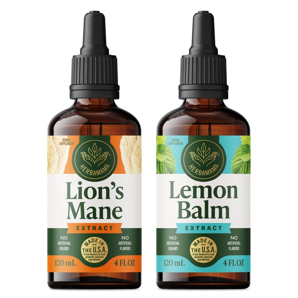 HERBAMAMA Herbal Liquid Drops Kit - Bundle of Lion's Mane & Lemon Balm Tincture 4 fl oz - Vegan, Non-GMO, Sugar & Alcohol-Free - 2 Pack