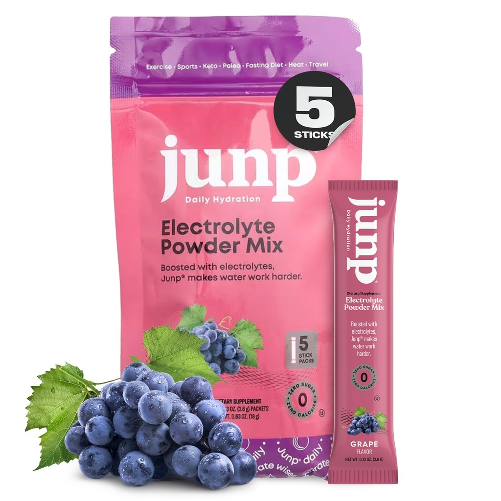 JUNP Sugar Free Electrolytes Powder Packets for Water Salt & Potassium Instant Hydration Packets, Zero Calorie No Carbs No Sugar Electrolyte Drink Mix Sticks, Keto Friendly, Vine Ripened Grape 5 Pack