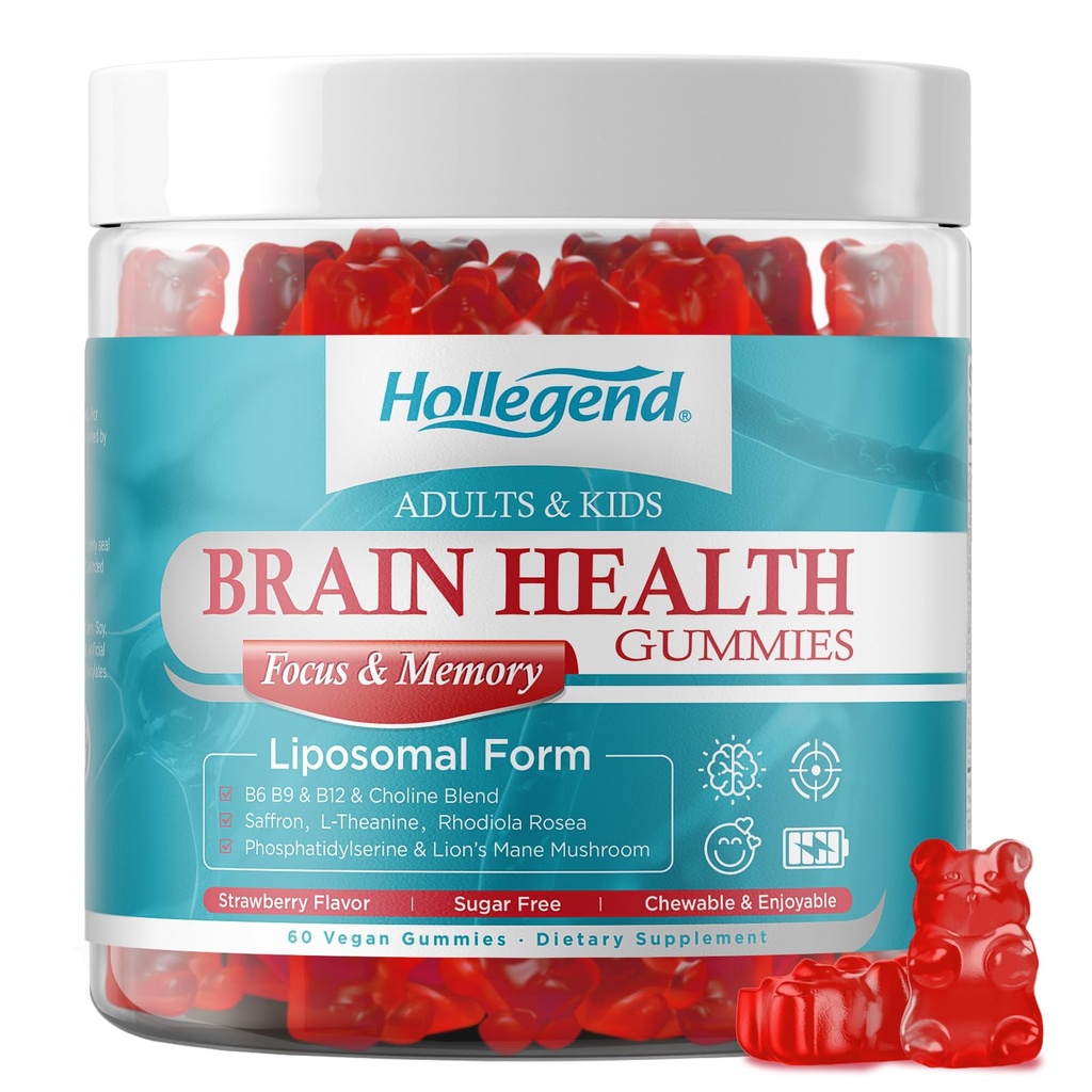 Brain Supplement Gummies, with Choline, Lion’s Mane Mushroom, Phosphatidylserine & More, Brain Supplement for Memory and Focus Support, Adults & Kids, Vegan, Sugar Free, Organic, 60 Gummies