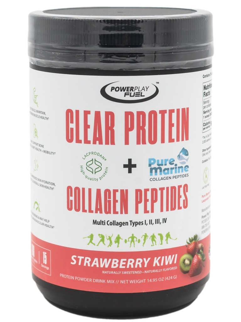 Clear Protein & Collagen Peptides Protein Powder Drink Mix - Naturally Sweetened & Flavored, Gluten Free, Lactose Free - Protein + Marine Collagen - 15 Servings (Strawberry Kiwi)
