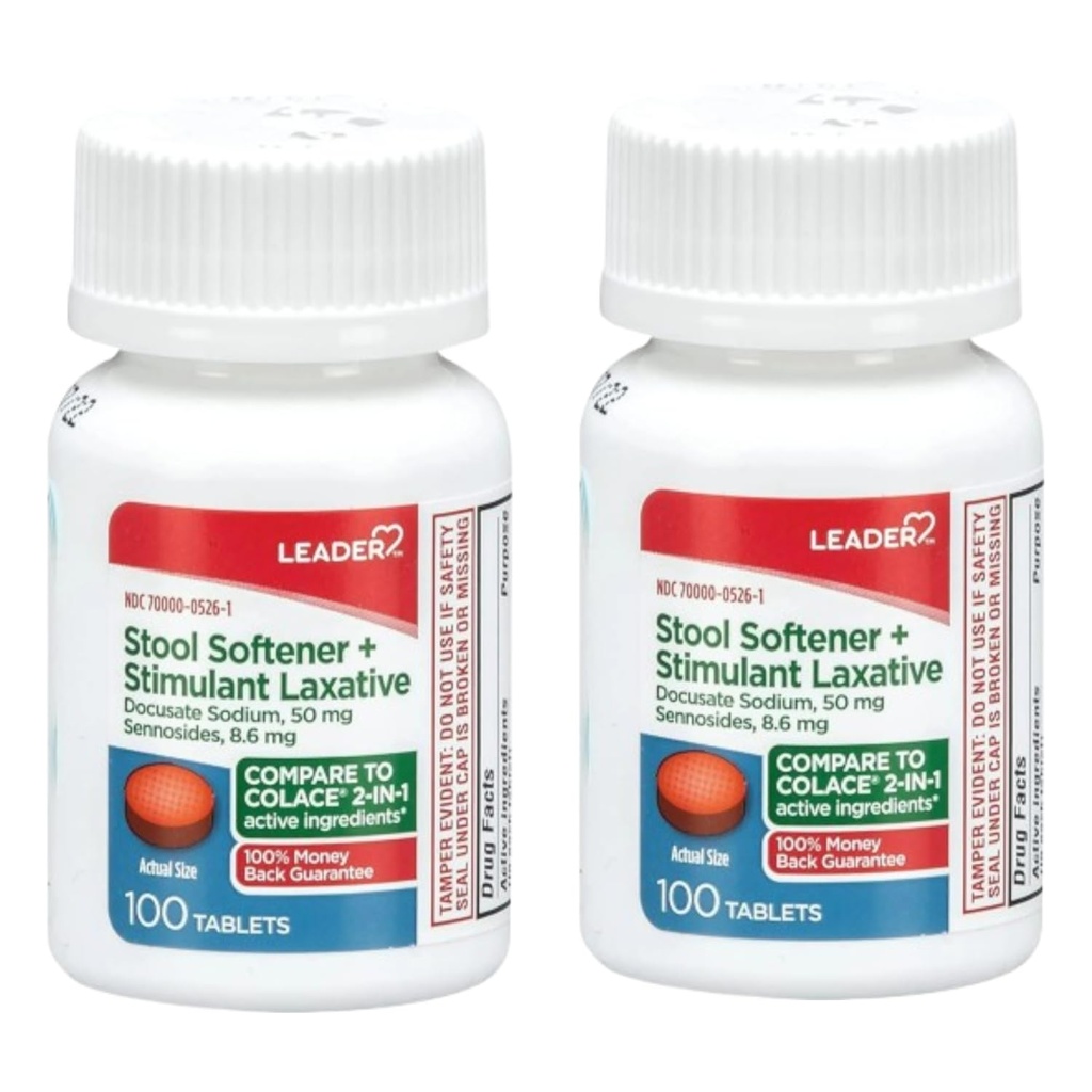 Leader 2-in-1 Stool Softener & Stimulant Laxative, Docusate Sodium 50mg, Sennosides 8.6 mg, Gentle Occasional Constipation Relief for Adults, Both Men & Women, & Children Ages 6+, 100 Tablets 2-Pack