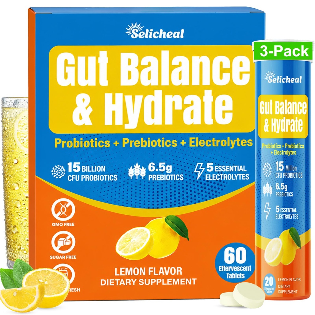 Electrolyte Tablets, Hydration & Fiber Supplement for Women & Men, with Prebiotics & Probiotics for Gut Health, Lemon Flavor Hydration Drink, Electrolytes Sugar Free, Keto Friendly, 60 Tablets