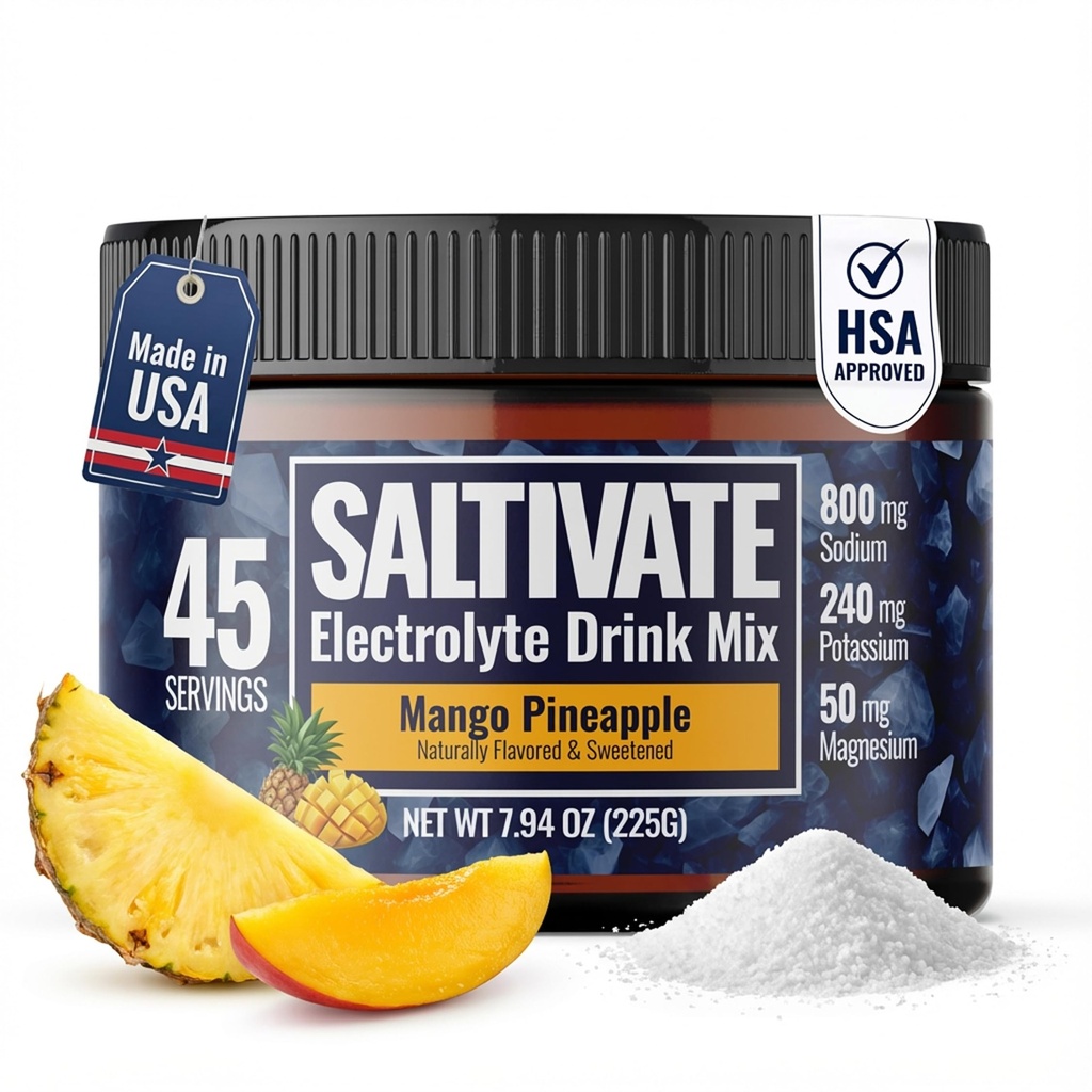 High Sodium Electrolytes | HSA FSA | Mango Pineapple Hydration with Stevia | Electrolyte Powder for Fasting, POTS, Sweat Recovery | Made in USA | Makes 45 Servings of 32 Fl Oz