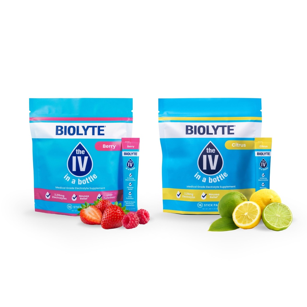 BIOLYTE IV Electrolyte Powder Packets, IV Liquid Drink Mix, Doctor-Developed Hydration, HSA & FSA Approved Dehydration Relief, Chemotherapy Must Haves for Women, Men- Lemon Lime & Mixed Berry, 32 Pack