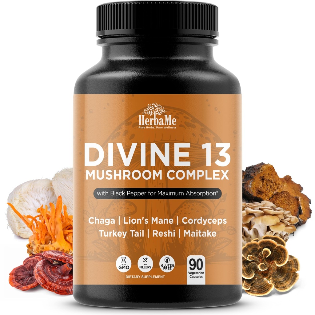 HerbaMe 13 Mushroom Extract Complex Capsules with Lion’s Mane, Cordyceps, Turkey Tail, Reishi & Chaga – Brain, Energy & Immune Support Supplement with Black Pepper for Absorption, 90 Count