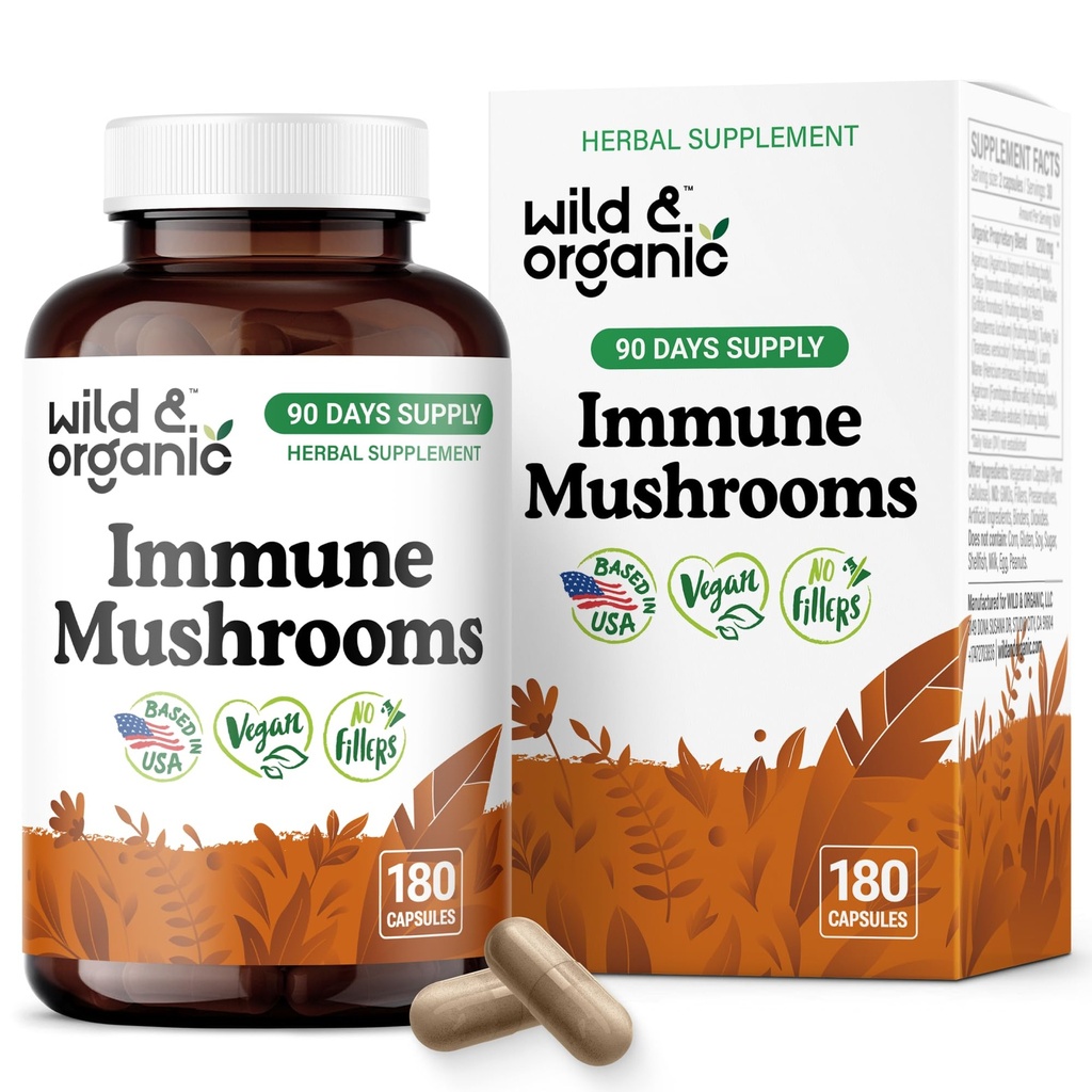 Wild & Organic Immune Mushroom Blend Capsules - 8 Mushroom Complex Supplements for Immunity Support with Turkey Tail, Chaga & Reishi Powder - 90 Days Supply - Vegan, No Fillers, Non-GMO - 180 Count