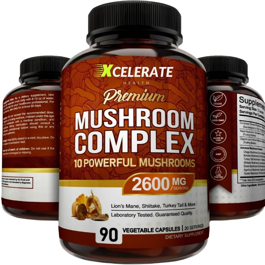 10 Powerful Premium Mushroom Complex 2,600mg Extra Strength Lion’s Mane Reishi Cordyceps Chaga Turkey Tail Maitake Shiitake Immune Focus Energy & Vitality Support - 90 CAPS