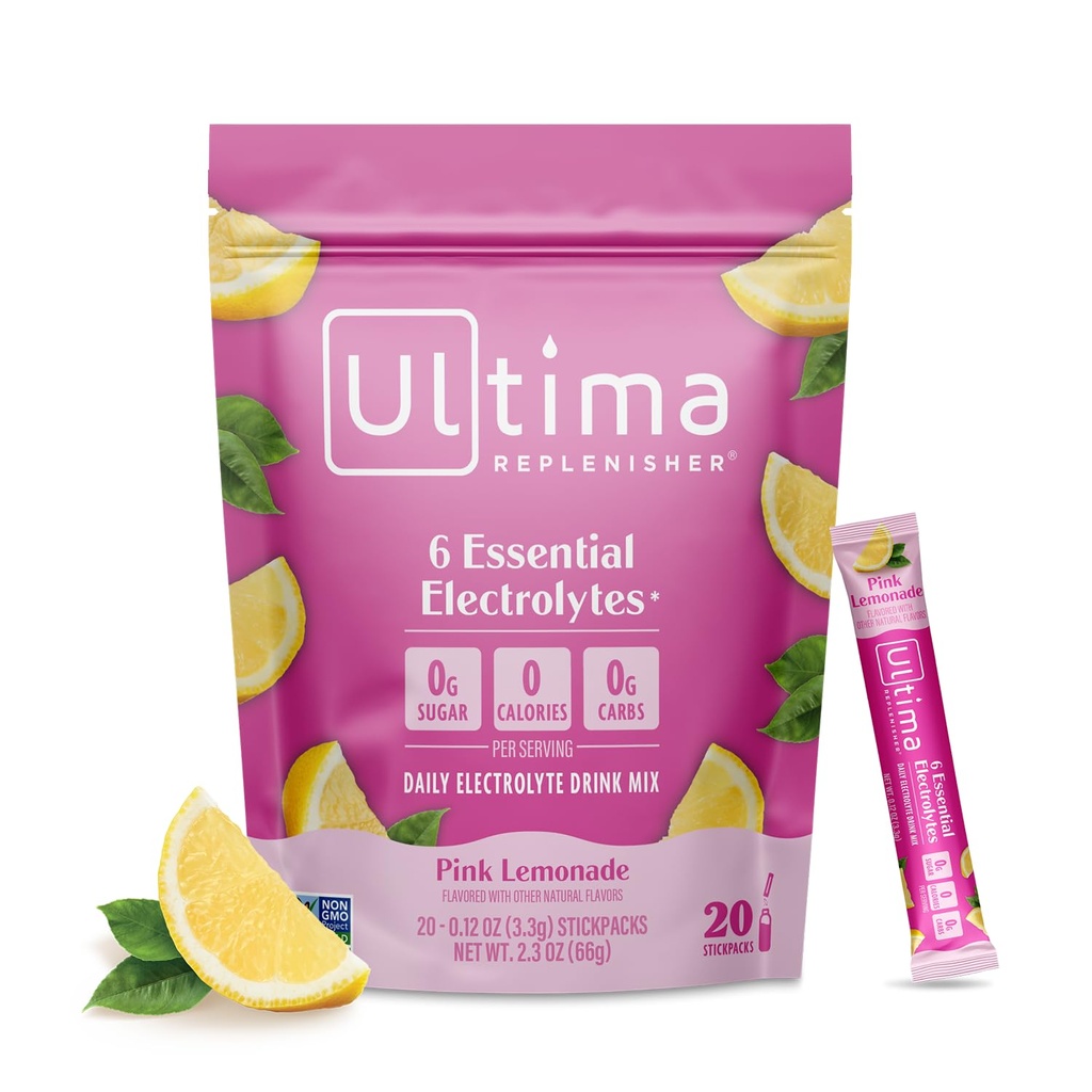 Ultima Replenisher Daily Electrolyte Powder – Pink Lemonade, 20 Stickpacks – Zero Sugar Hydration Packets with 6 Electrolytes and Minerals – Sugar Free, Plant Based & Keto Friendly Drink Mix