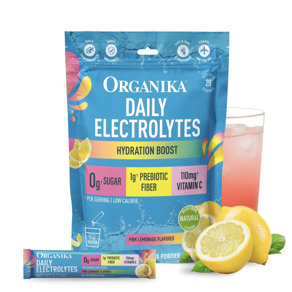 Organika Electrolyte Drink Mix Hydration Powder with Prebiotic Fiber & Vitamin C, 0g Sugar, Pink Lemonade Flavor, 20 Single-Serve sachets