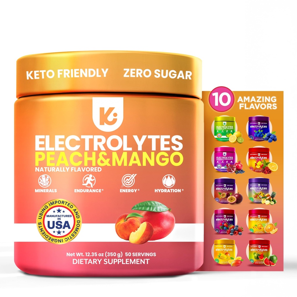 Keppi Electrolytes Powder – Peach Mango Flavor – No Sugar Hydration Supplement with Potassium, Magnesium, Sodium – 50 Servings – Keto, Vegan, Fasting-Friendly, Zero Calorie Electrolyte Drink
