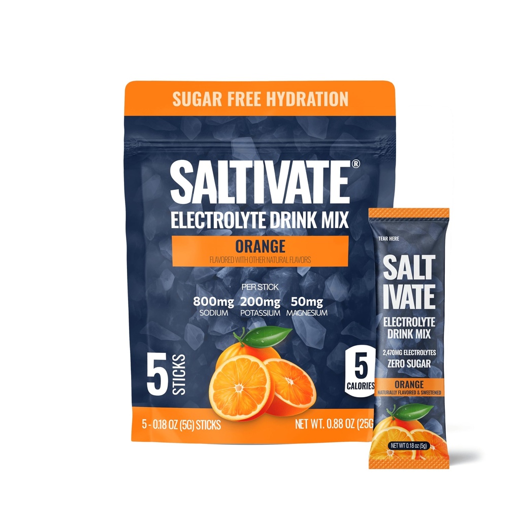 Salty Orange Electrolytes Packets | 800mg Sodium, Potassium & Magnesium Hydration | Stevia-Sweetened & Sugar Free Electrolyte Powder | for Sweat Recovery, Fasting, POTS | Makes 32 Fl Oz (Pack of 5)