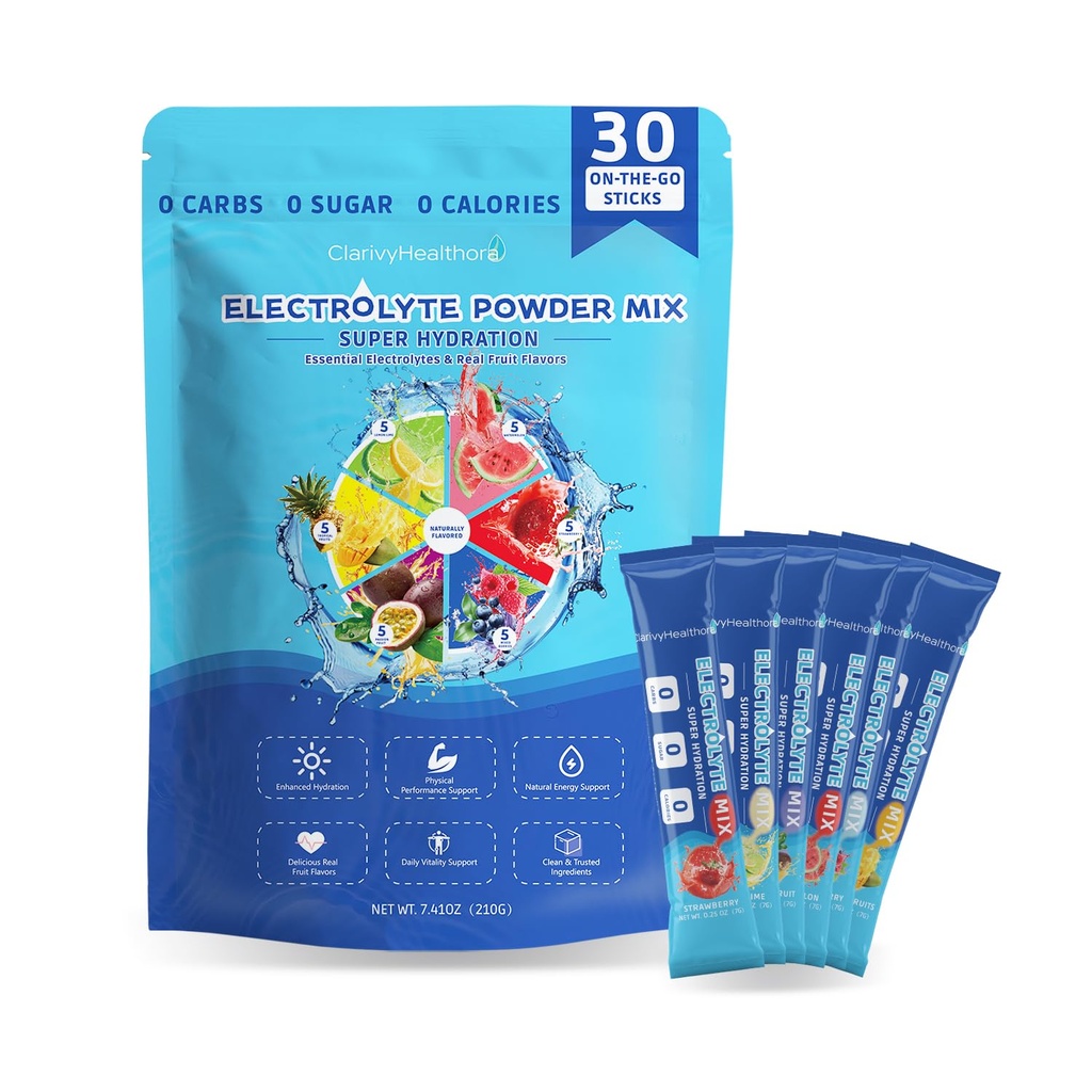 Electrolyte Powder Packets Sugar Free Hydration Drink Mix with 5 Key Electrolytes Magnesium Sodium Potassium Zinc Calcium Vitamin C – 30 Travel Packs, 6 Fruity Flavors Zero Sugar Keto & Vegan Friendly