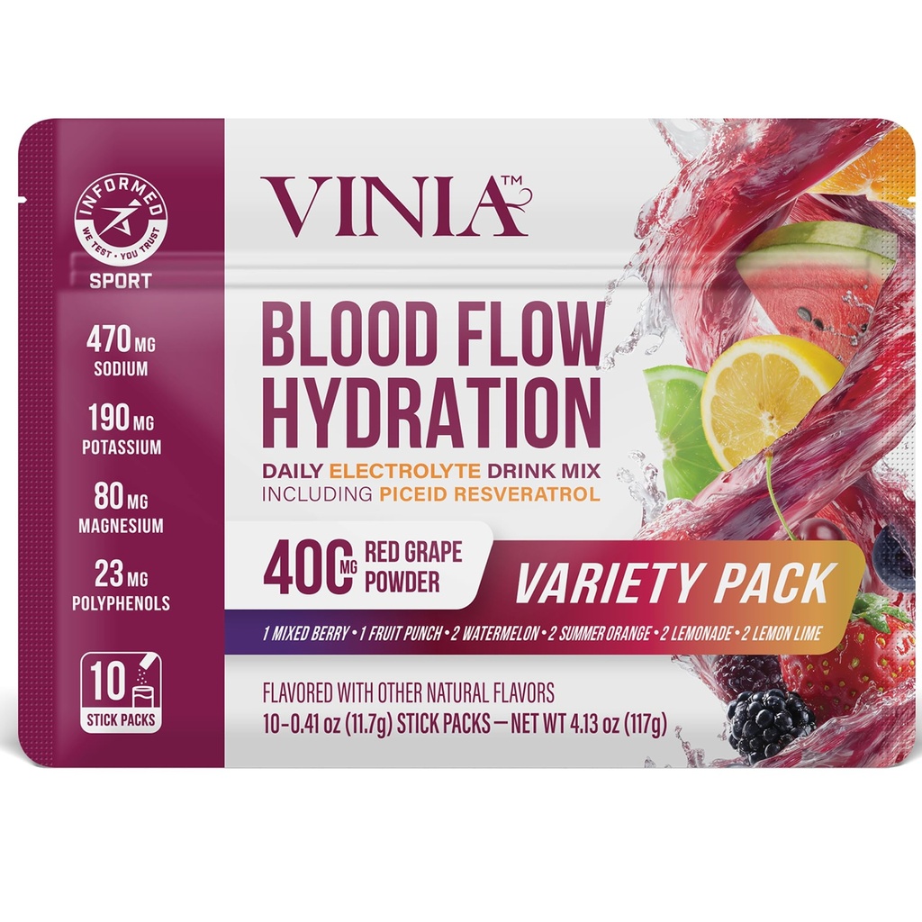 VINIA Resveratrol Electrolyte Hydration Powder Mix | Boost Blood Flow & Circulation | Sea Salt, Coconut Water Potassium, Magnesium, Informed Sport Certified