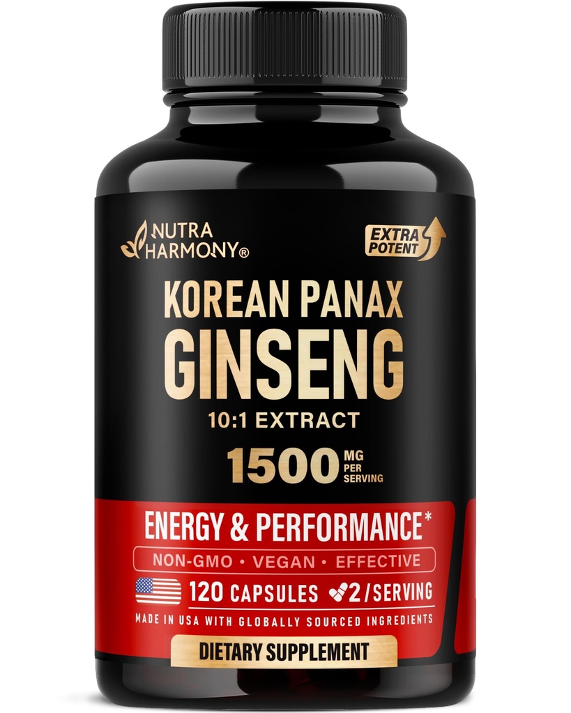 Panax Ginseng 1500 mg - Red Korean Ginseng Supplement for Men - Extra Strength 10:1 Extract - Energy, Focus, Productivity & Performance - Natural & Vegan - Made in USA - 120 Capsules, 2 Month Supply