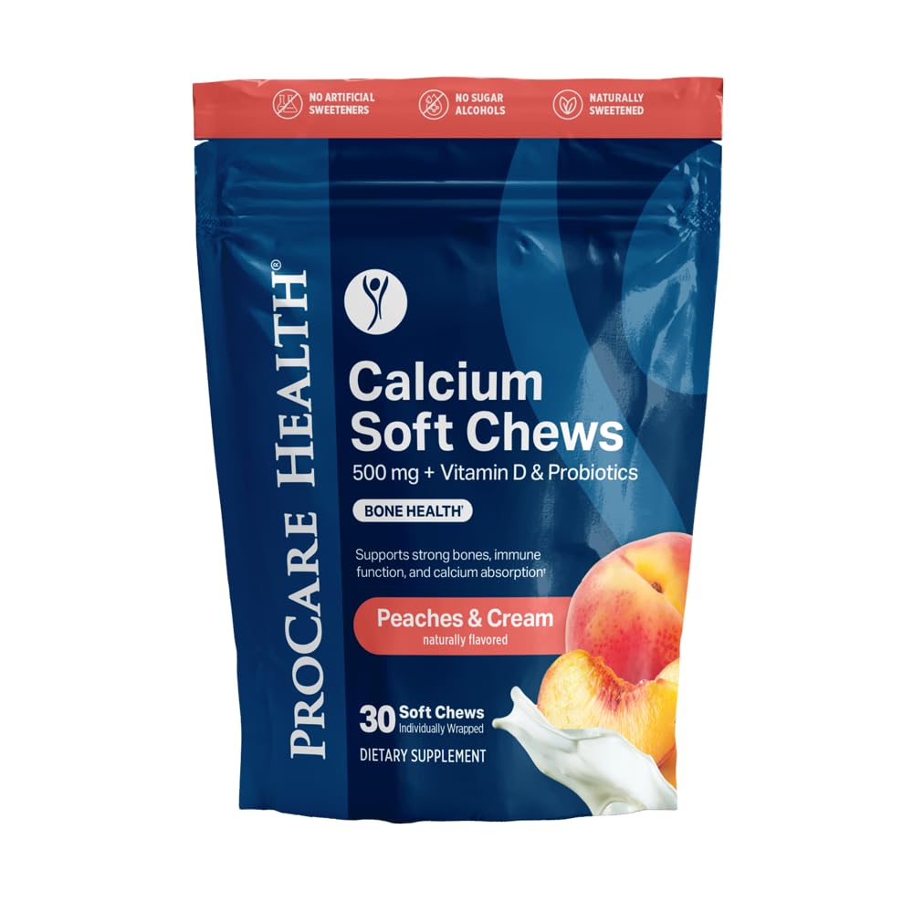 ProCare Health TruCal Calcium Soft Chews – Peaches & Cream Flavor | 500mg Calcium, 500 IU Vitamin D3, 500 Million CFU Probiotics | Bone & Digestive Support | 30 Count