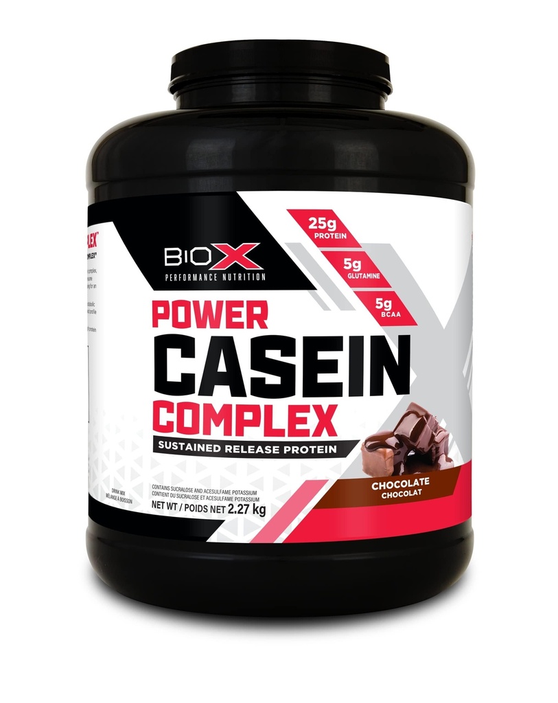 BioX Power Casein Complex | Ultra Sustained Slow Release Micellar Protein Complex | 25g Protein, 5g Glutamine, 5g BCAAs | Slow Digesting Whey Protein | 65 Servings, 5LB (Chocolate)