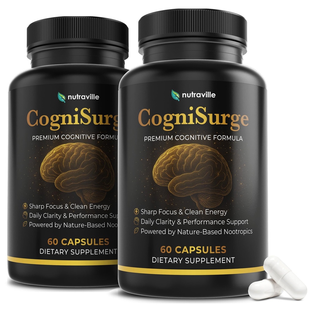 CogniSurge Nootropics Brain Support Supplement for Memory and Focus - Nature-Powered Lion's Mane Supplement Capsules with Shilajit - No Caffeine or Stimulants - 2 Pack