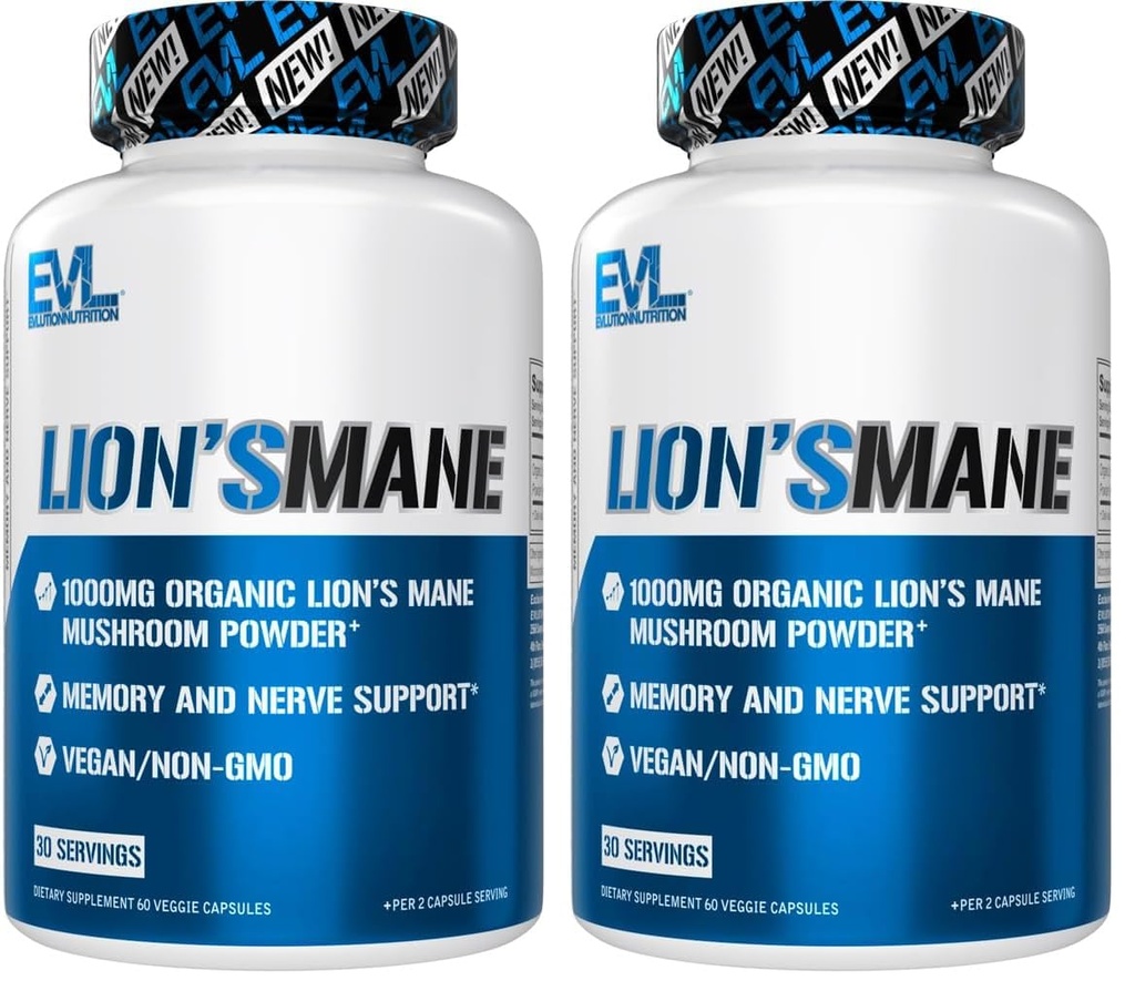 Evlution Organic Lion’s Mane Mushroom Supplement - Lion’s Mane Mushroom Capsules Nootropics Brain Support Supplement for Focus Memory Clarity and Immunity Support (Pack of 2)