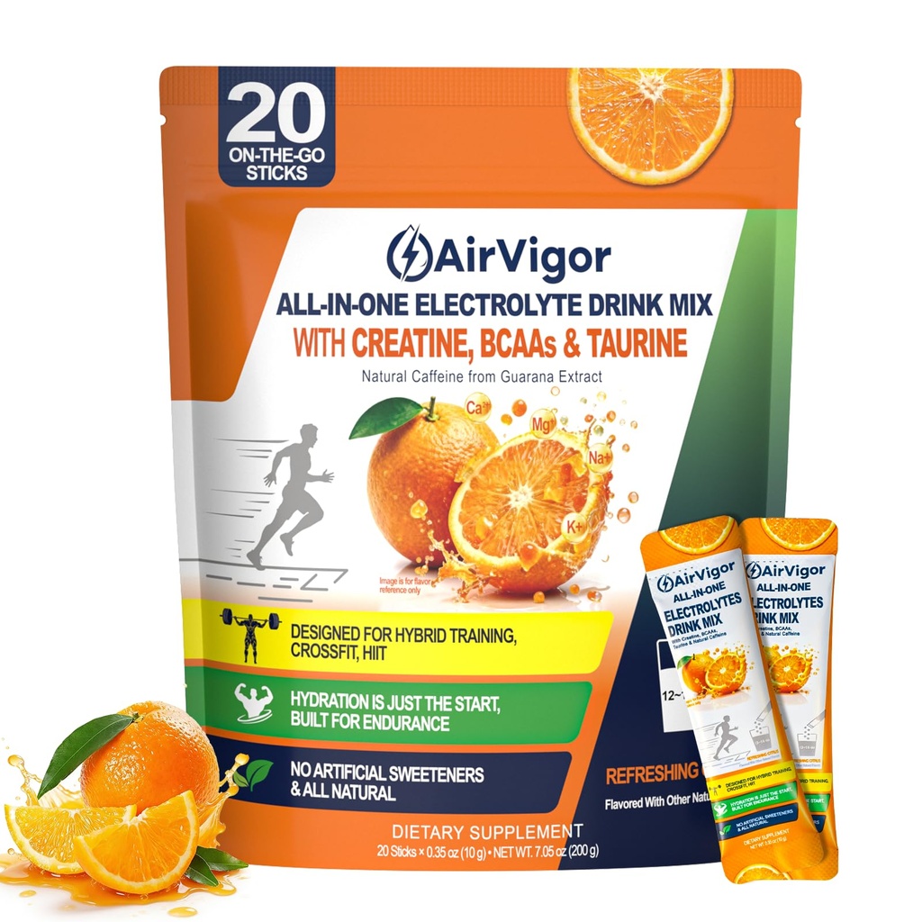 Electrolyte Drink Mix Packets for Hydration & Performance, AirVigor Sugar Free Daily Hydration with Creatine & Amino Support, Low Calorie Electrolyte Powder for Workout, Training & Recovery, 20 Sticks