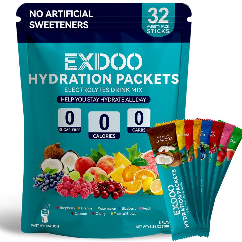 Electrolytes Powder Packets Sugar Free - Instant Hydration Pack Liquid Daily Electrolyte Drink Mixes, 6 Minerals, B-Vitamin Complex & Vitamin C, 8 Flavors, Keto & Vegan Friendly, 32 Sticks