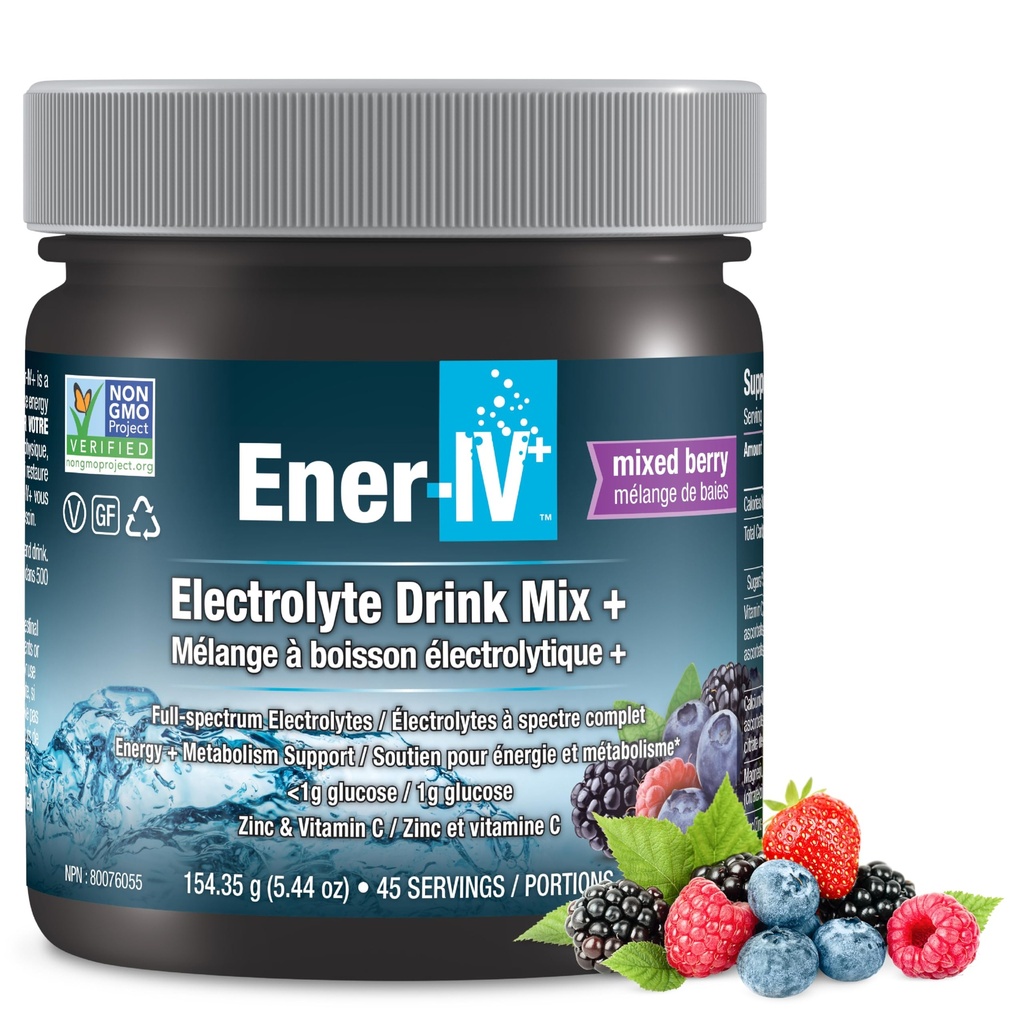 Ener-IV Electrolyte Drink Mix - Electrolytes Powder, Hydration Powder Drink, Hydrate Liquid Mix, Low Sugar Rehydration for Women & Men, Natural Flavors, Non GMO - Mixed Berry, 45 Servings