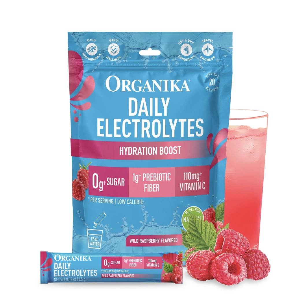 Organika Electrolyte Drink Mix Hydration Powder with Prebiotic Fiber & Vitamin C, 0g Sugar, Wild Raspberry Flavor, 20 Single-Serve sachets.