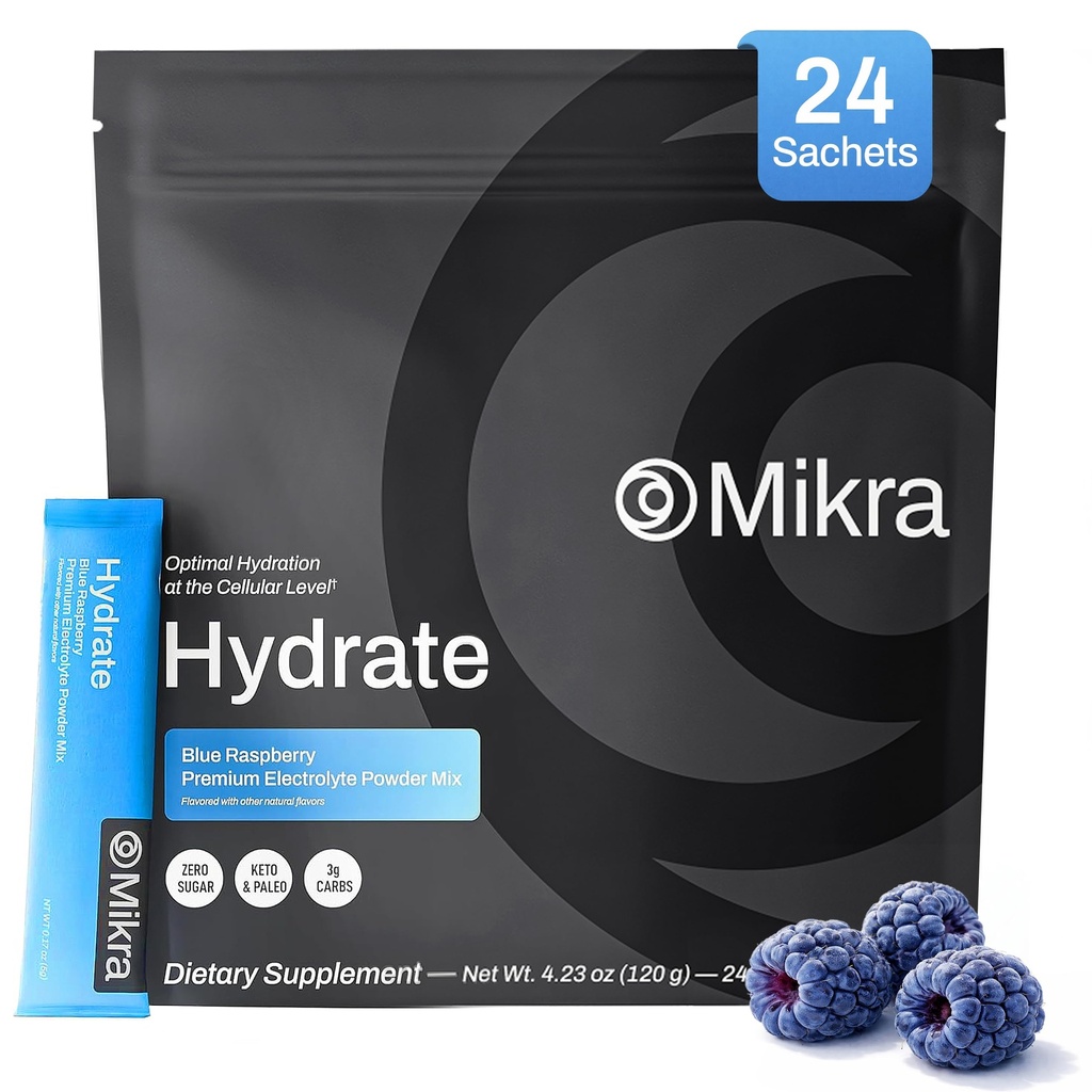 Mikra Hydrate Electrolytes Powder Packets, Sugar Free Hydration Powder Sticks, Naturally Flavored Electrolyte Drink Mix for Needed Hydration Support, Daily Wellness & Workout, Blue Raspberry, 24 Pack