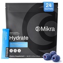 Mikra Hydrate Electrolytes Powder Packets, Sugar Free Hydration Powder Sticks, Naturally Flavored Electrolyte Drink Mix for Needed Hydration Support, Daily Wellness & Workout, Blue Raspberry, 24 Pack