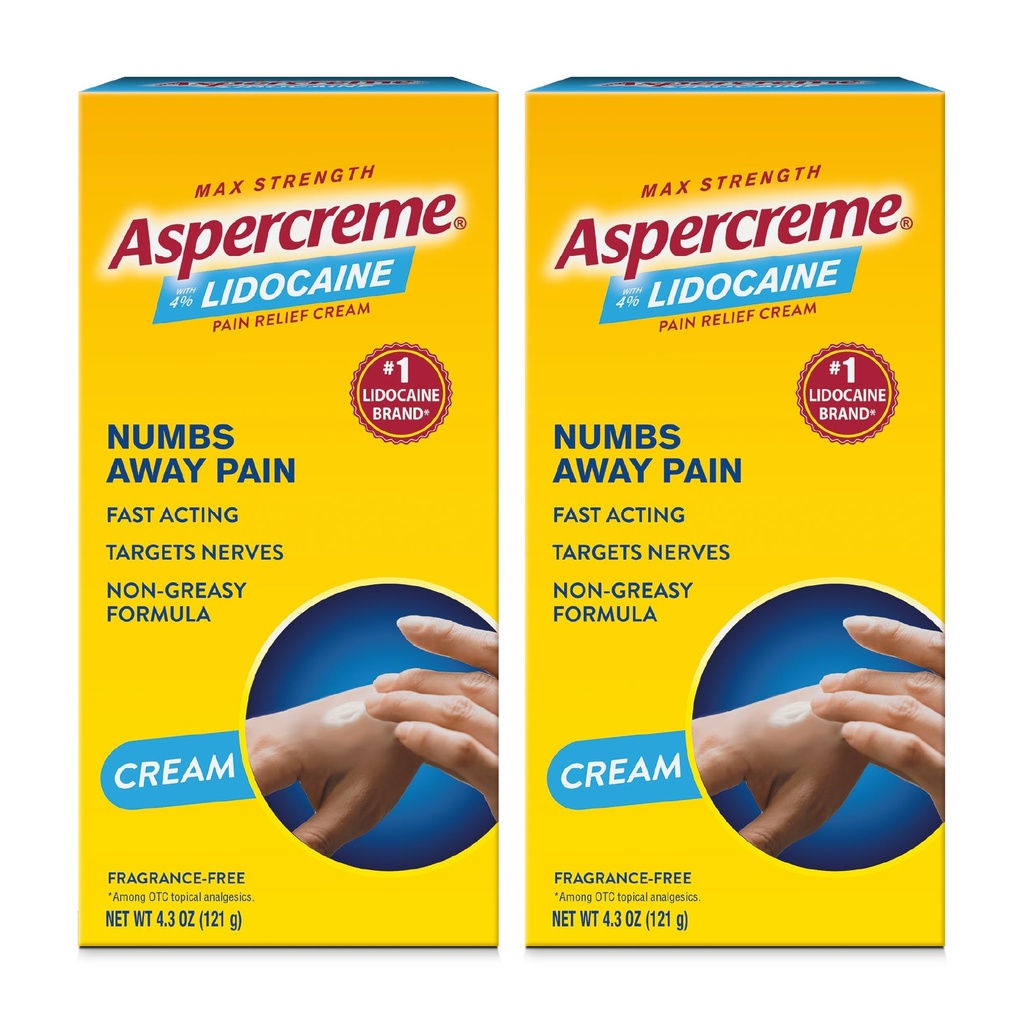 Aspercreme Lidocaine Pain Relief Cream Soothes Aggravated Nerves, Numbing Topical Analgesic with Max-Strength 4% Lidocaine & Moisturizing Aloe, 4.3 Oz., 2 pk