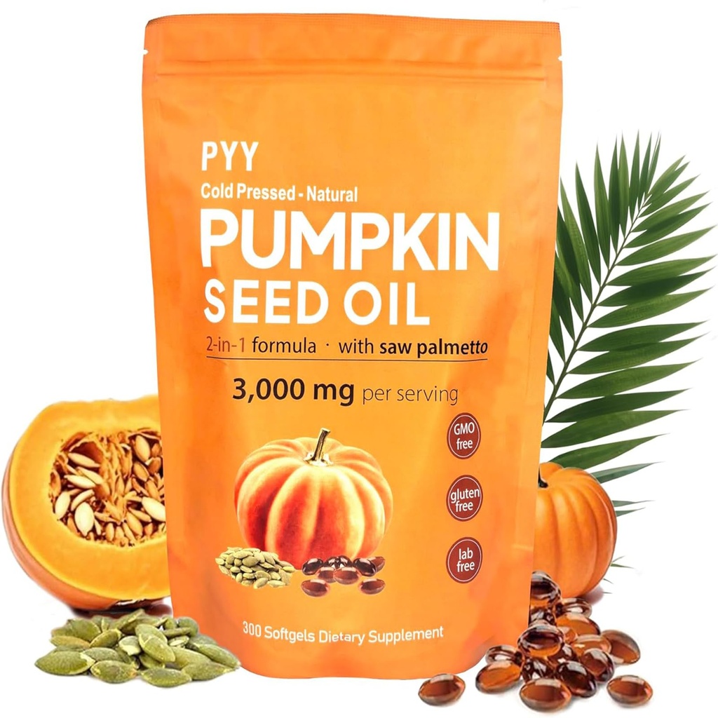 PYY Cold-Pressed Pumpkin Seed Oil & Saw Palmetto Softgels | 300 Capsules | Rich in Essential Fatty Acids & Phytosterols | Promotes Healthy Hair, Urinary Function, Bladder & Prostate Support