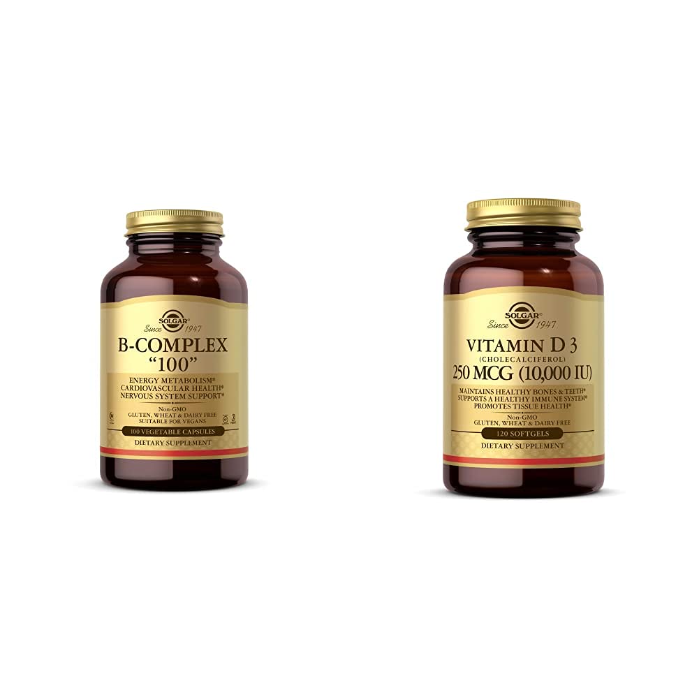 Solgar B-Complex 100", 100 Vegetable Capsules - Heart Health - Nervous System Support - Supports En with Vitamin D3 (Cholecalciferol) 250 MCG (10,000 IU), 120 Softgels - Helps Maintain Healthy Bones