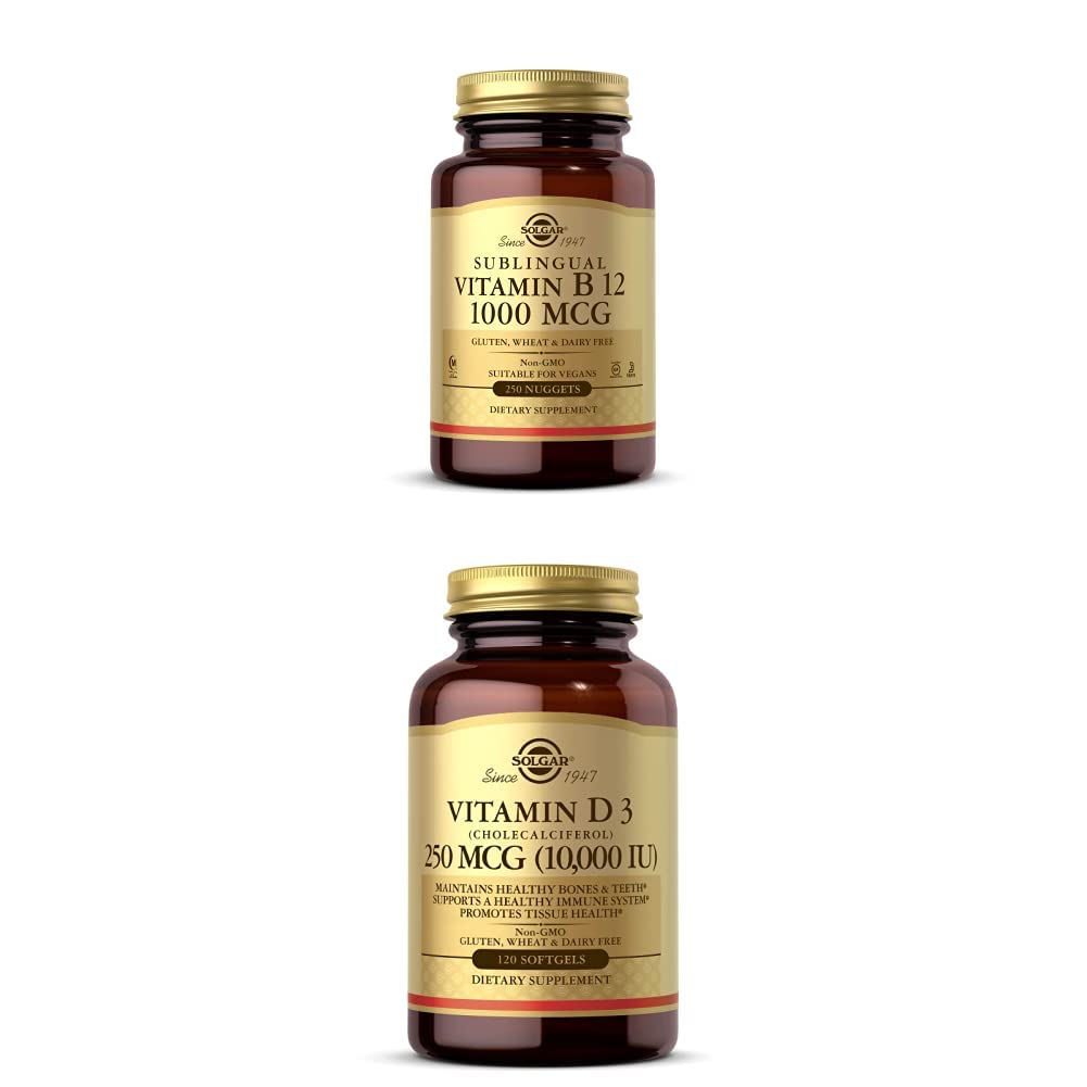 Solgar Vitamin B12 1000 mcg, 250 Nuggets - Healthy Nervous System - Promotes Cardiovascular Health Vitamin D3 (Cholecalciferol) 250 MCG (10,000 IU), 120 Softgels - Immune System Support