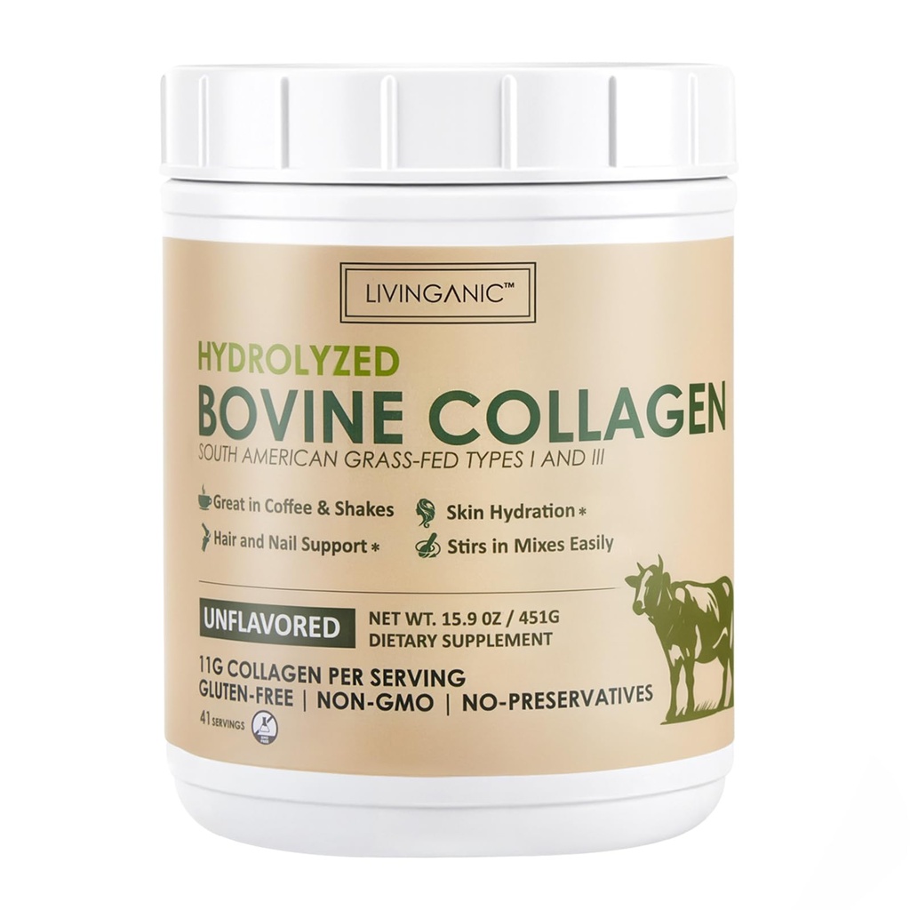 Collagen Peptides Powder Unflavored 15.9oz, Hydrolyzed Bovine Collagen 41 Servings Types I & III, Grass-Fed, Pasture-Raised Protein, Zero Sugar Supplement