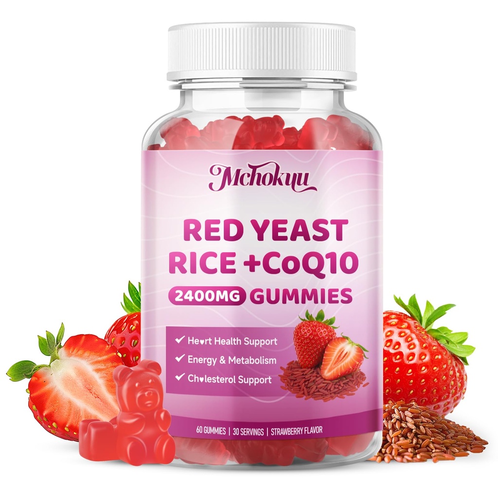 Red Yeast Rice 2400mg Gummies, Red Yeast Rice Supplement for Men & Women Support Heart Health, Energy Support, Sugar-Free, Vegan Non-GMO, Strawberry Flavor - 60 Count