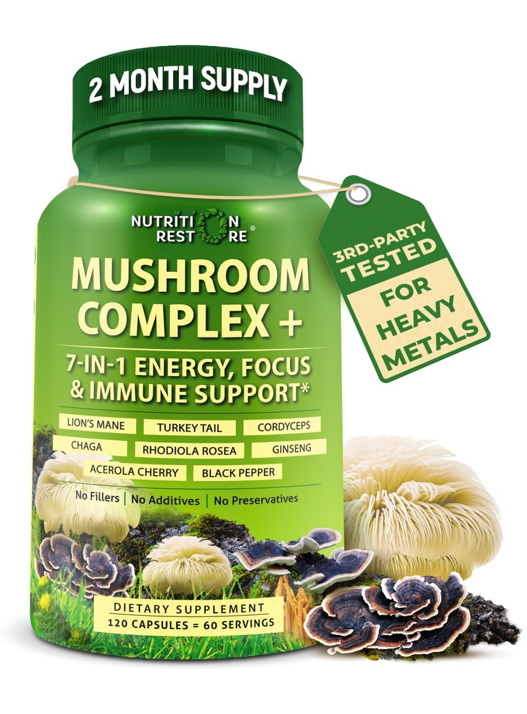 Organic Mushroom Complex: Lion's Mane, Turkey Tail, Cordyceps, Chaga, Contains Naturally Occurring Beta Glucans - Organic Energy & Immune Support Blend: Rhodiola Rosea, Ginseng & Acerola Cherry 120Ct