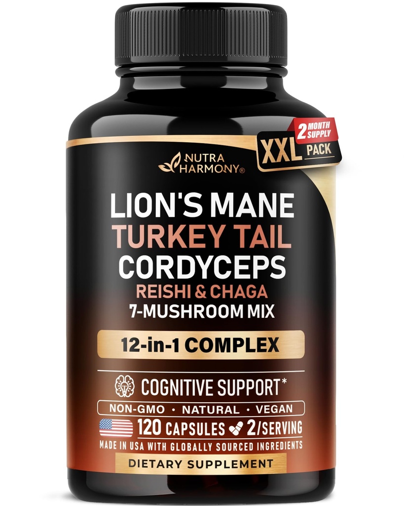 Mushroom Supplement - Organic Lions Mane | Turkey Tail | Chaga | Cordyceps | Reishi | Maitake | Shiitake | Meshima | Tremella | Oyster | Agaricus - for Women & Men - Non GMO, Gluten Free, 120 Capsules