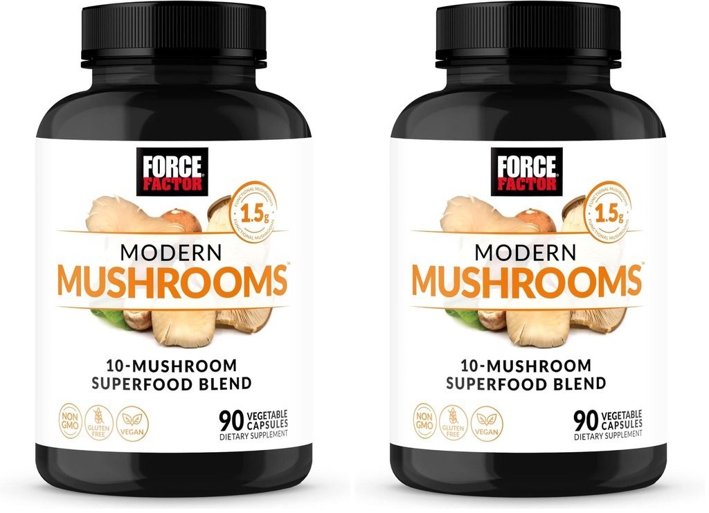 Force Factor Modern Mushrooms Capsules, Mushroom Supplement with Lions Mane, Turkey Tail, & Cordyceps to Support Energy, Focus, Immunity, & Digestion, 90 Vegetable Capsules,(Pack of 2)