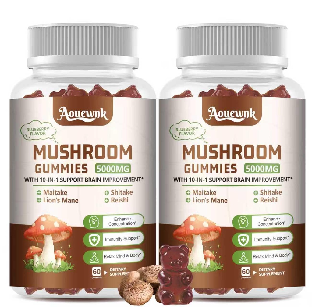 2 Pack 5000MG Mushroom Gummies for Men & Women - 10-in-1 Blend Mushroom Complex Supplement containing Lion's Mane, Brain and Immune Boosting, Blueberry Flavor, Non-GMO, 120 Counts