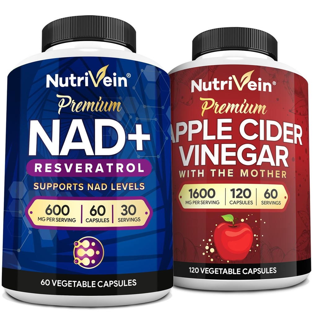 Nutrivein Premium Apple Cider Vinegar Capsules & NAD Resveratrol Supplement Bundle: Resveratrol NAD & Apple Cider Vinegar Supplements with Mother - Aging, Cognition, Metabolism, Digestion, & Balance