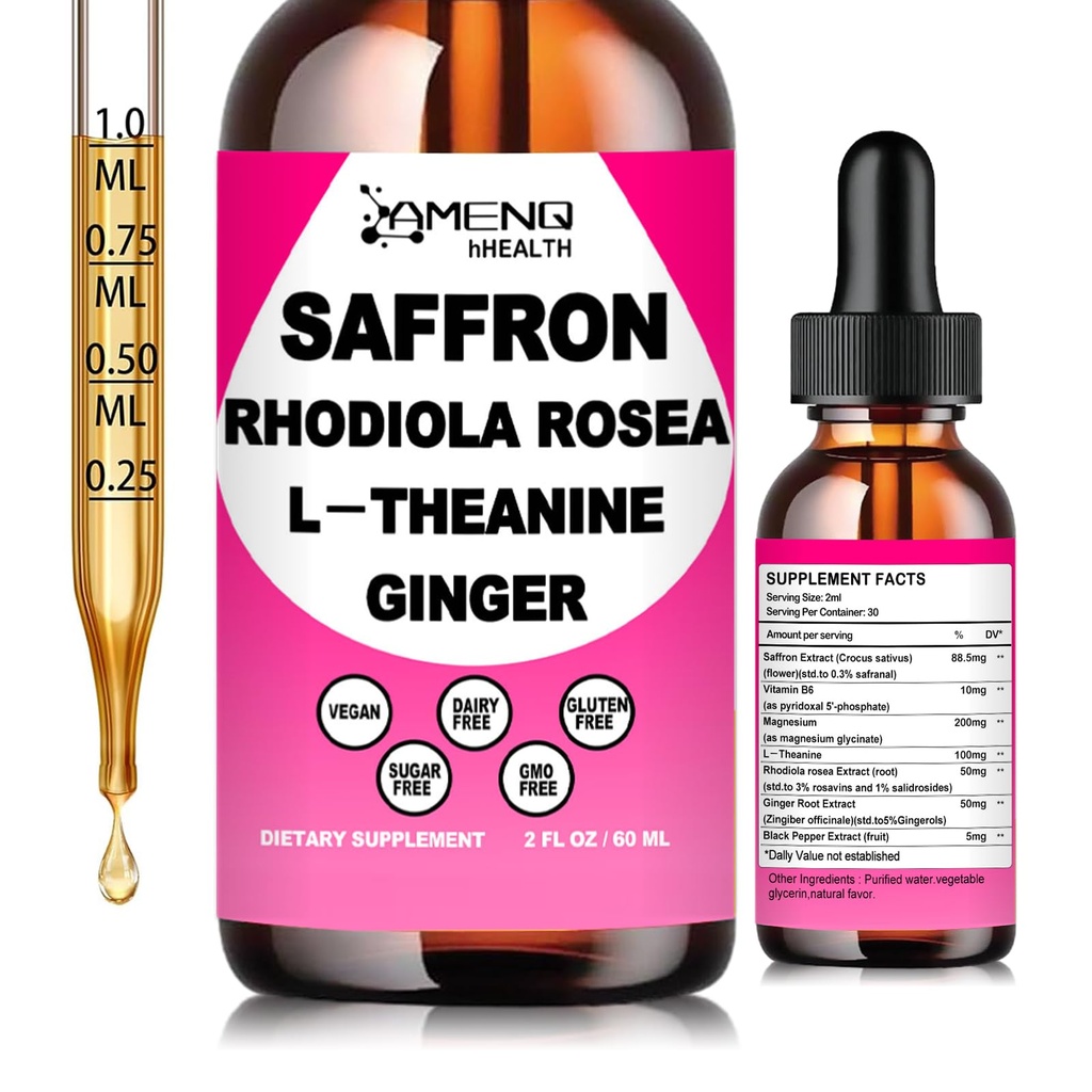 AMENQ hHEALTH Saffron Supplements for Adults & Kids, 88.5mg Organic Saffron Extract Drops -Happy Saffron Liquid Plus Calm Magnesium & L-Theanine for Mood, Focus, Eye Support丨Vegan, Non-GMO, 2 Fl Oz