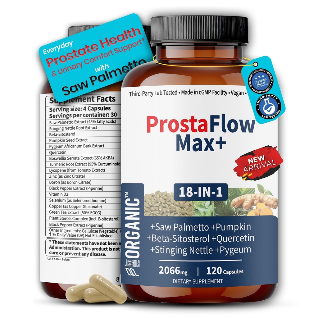 Men’s Prostate Health & Urinary Comfort Support with Saw Palmetto, Stinging Nettle & Beta-Sitosterol | Supports Prostate Size & Flow | Third-Party Tested, Vegan, Non-GMO, Gluten-Free, 120 Capsules
