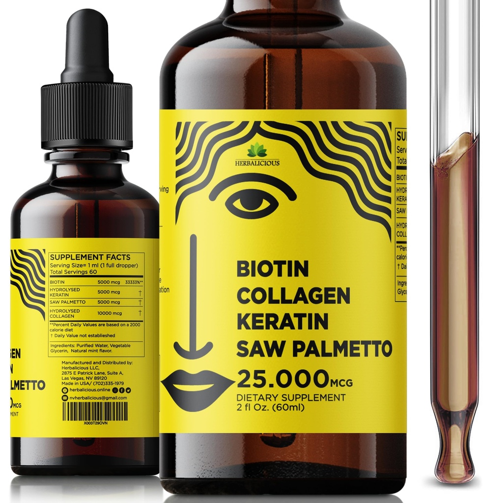 Liquid Collagen Supplements for Women - Comprehensive Formula Hair Skin Nails Supplement with 10000mcg Collagen 5000 mcg Biotin 5000 mcg Keratin 5000 mcg Saw Palmetto, Made in USA, 2fl oz