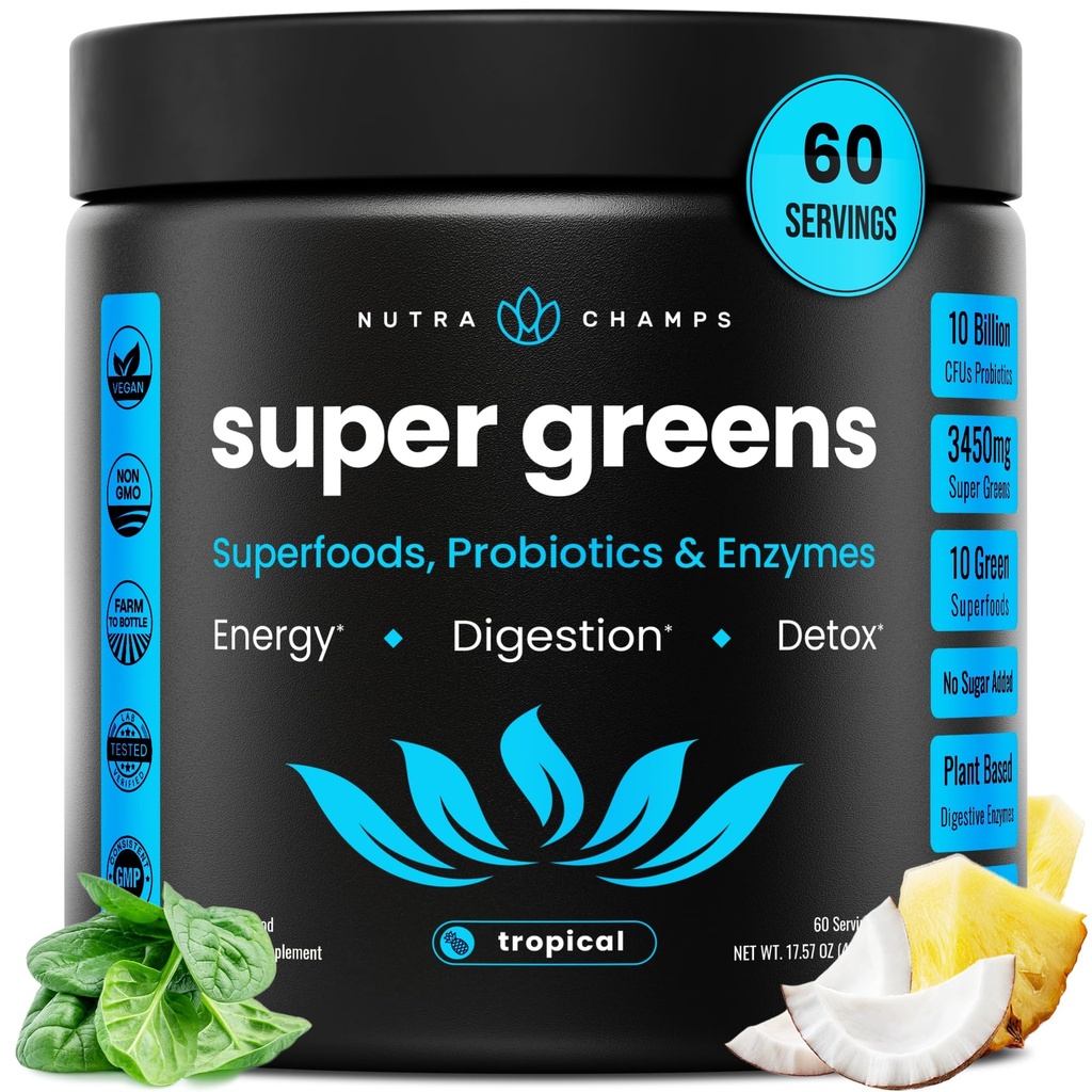 NutraChamps Super Greens Powder Premium Superfood | 20+ Organic Green Veggie Whole Foods | Alfalfa, Spirulina, Chlorella & More | Antioxidant, Digestive Enzyme & Probiotic Blends | Tropical | 60 SVG