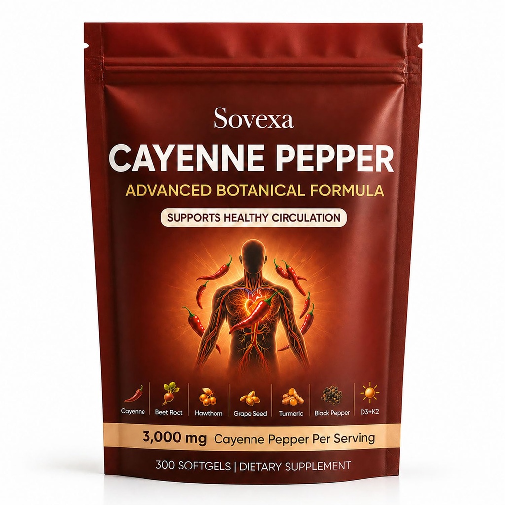 Sovexa Cayenne Pepper Softgels, Capsaicina Activa Advanced Botanical Circulation Support Formula for Energy & Cardiovascular Wellness, with D3K2, Grape Seed, Hawthorn, 300 Capsules