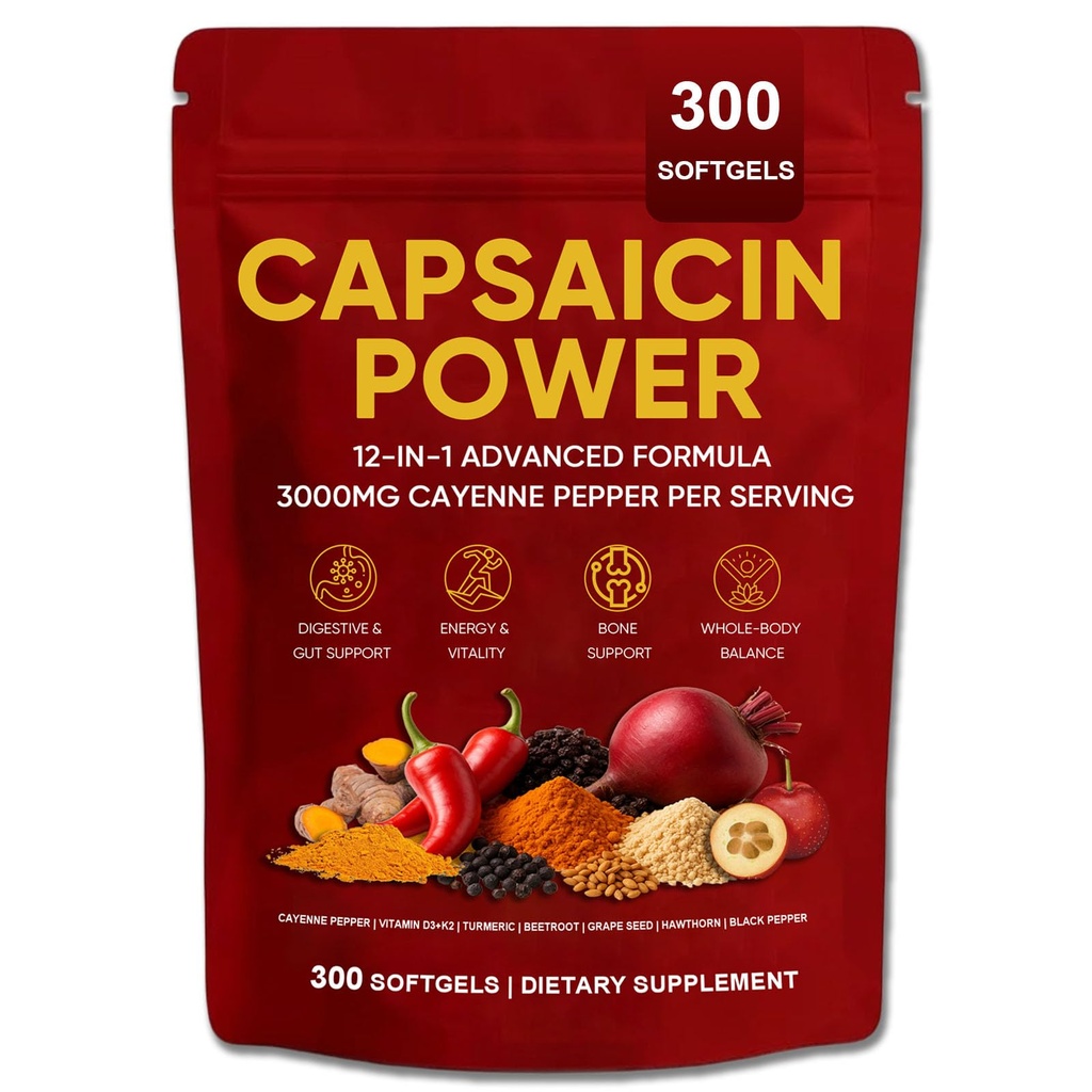 Capsaicin Power - Cayenne Pepper Softgels Supplement, Supports Leg Vein, Digestive & Gut Health, with Vitamin D3+K2, Beetroot, Grape Seed and Other Extracts, 300 Capsules (1)